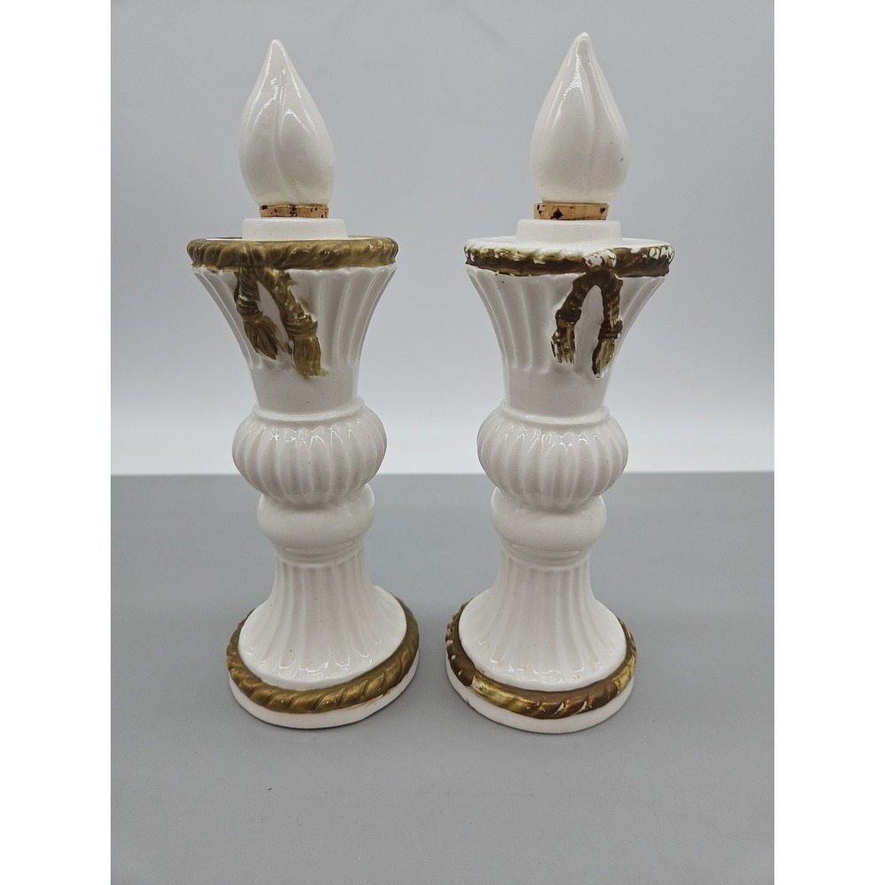 Vintage Ceramic White Decanter Bottles Corded Trim & Cork Stopper Japan Lot Of 2